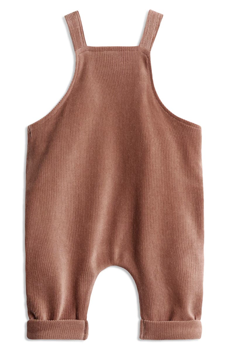 JOJO MAMAN BEBE Stripe Long Sleeve Bodysuit & Bear Appliqué Overalls Set, Alternate, color, Brown