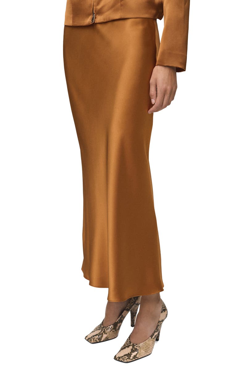 MANGO Mia Satin Midi Skirt, Main, color, Cognac