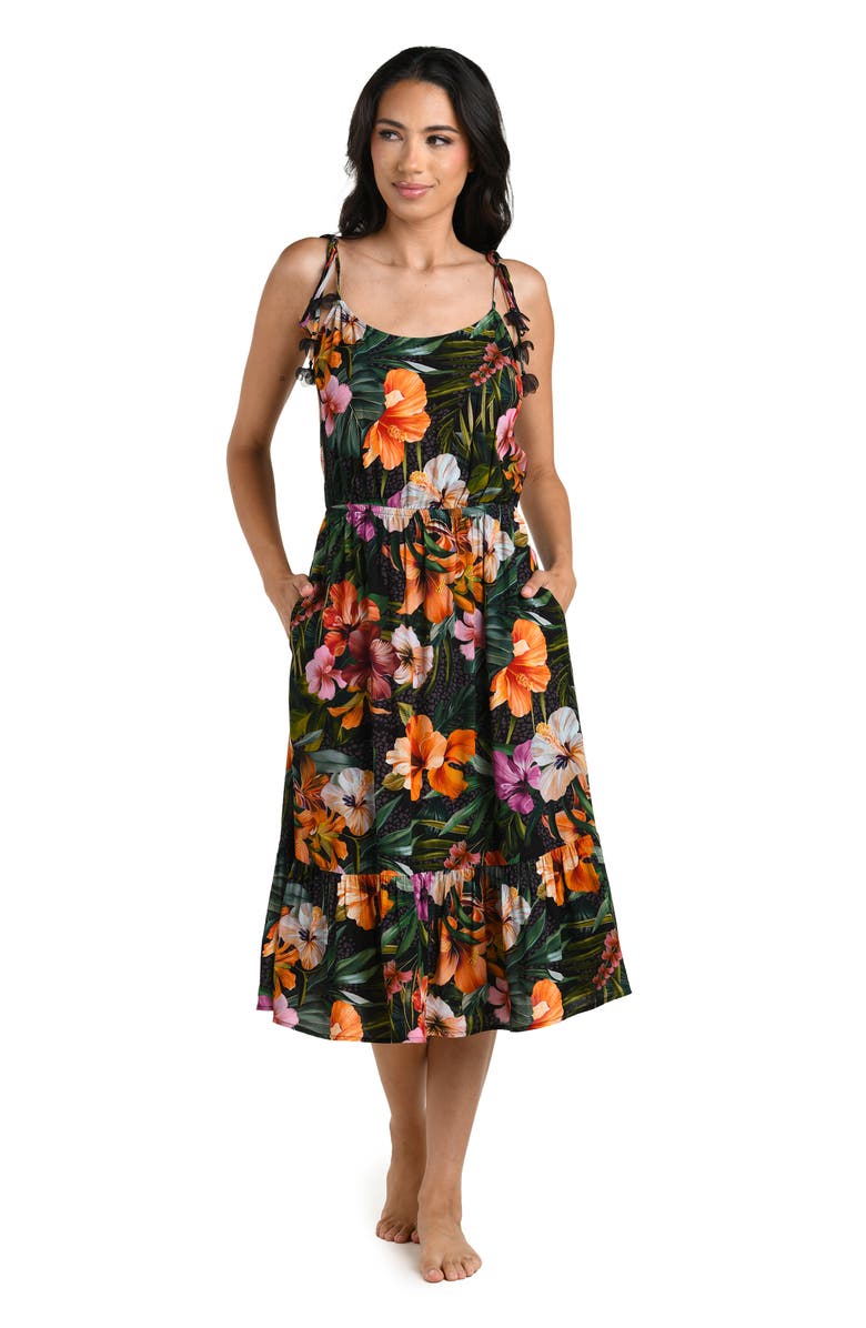 La Blanca Tropical Hideaway Tie Strap Cover-Up Midi Dress, Alternate, color, Multi