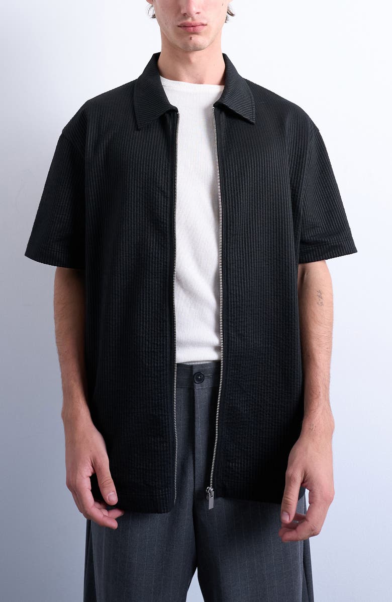 Topman Seersucker Zip-Up Shirt, Main, color, Black