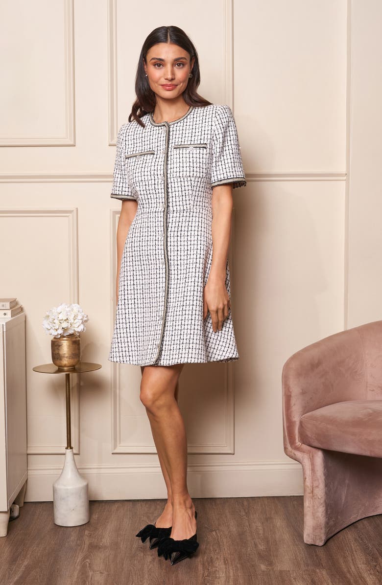 CeCe Short Sleeve Tweed Fit & Flare Dress, Alternate, color, 