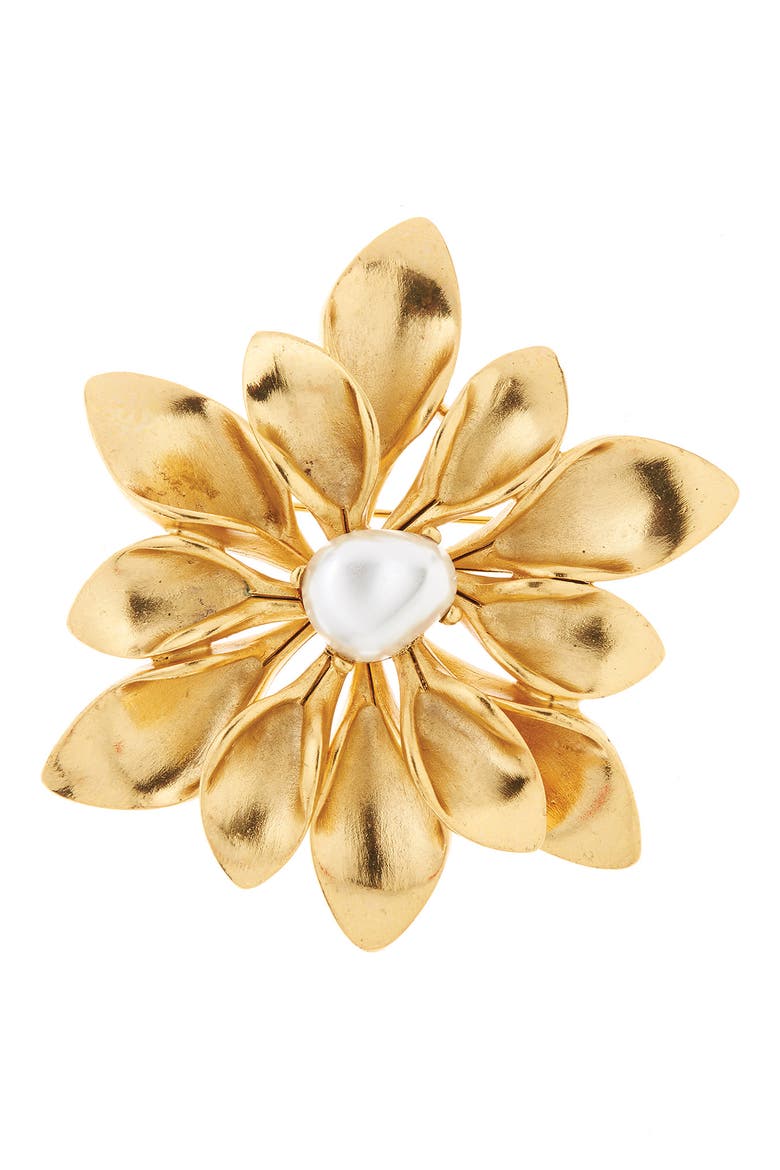 Imitation Pearl Flower Brooch, Main, color, GOLD