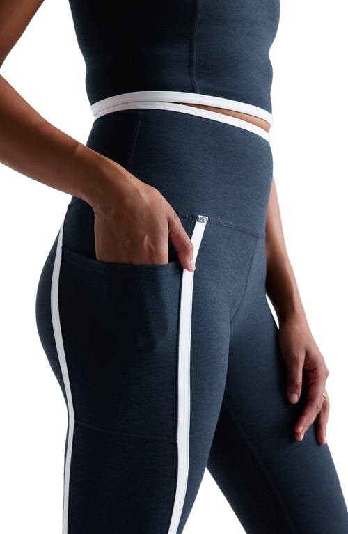 Shop Beyond Yoga Out Of Pocket Side Stripe High Waist Pocket Leggings In Nocturnal Navy/cloud White