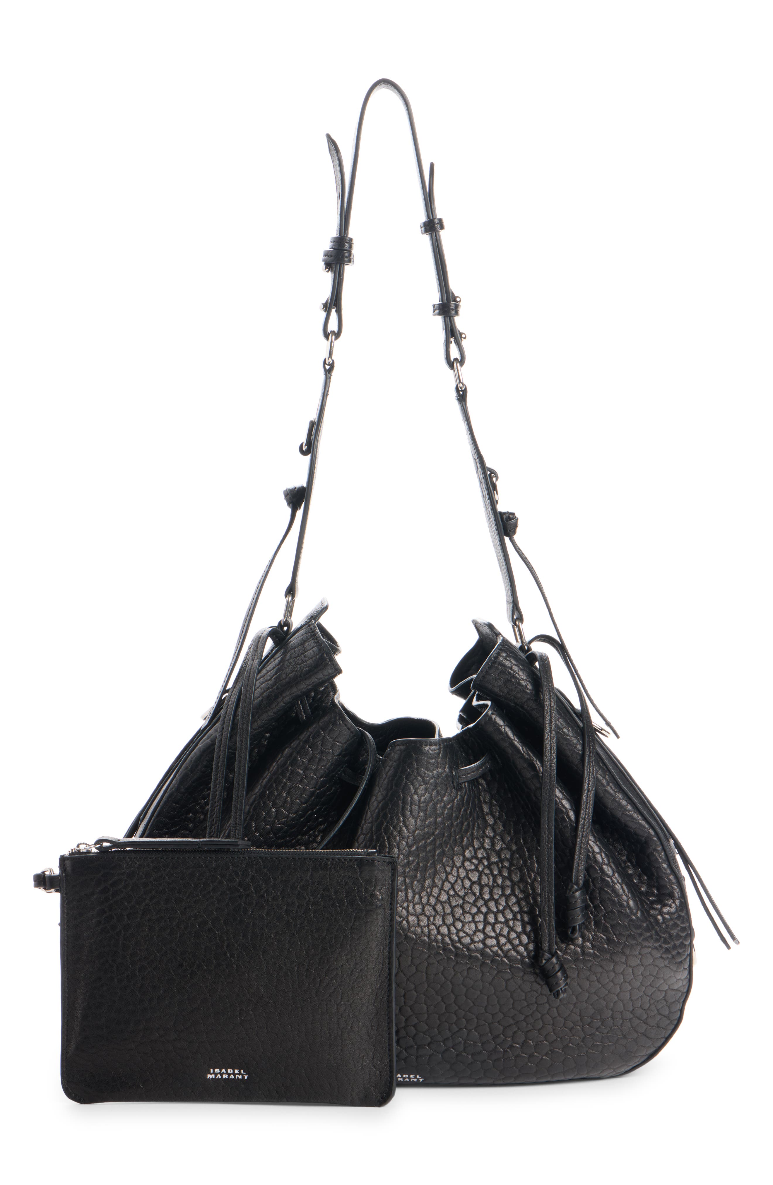 Isabel Marant Bolton Bubble Pebbled Lambskin Leather Hobo Bag, Alternate, color, Black/ Silver