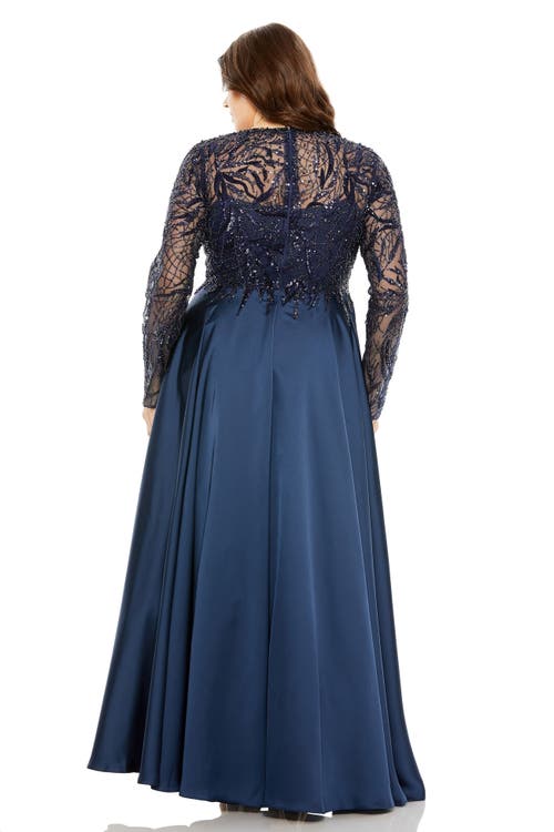 Mac Duggal Sheer Long Sleeve Beaded Top Satin Gown In Midnight