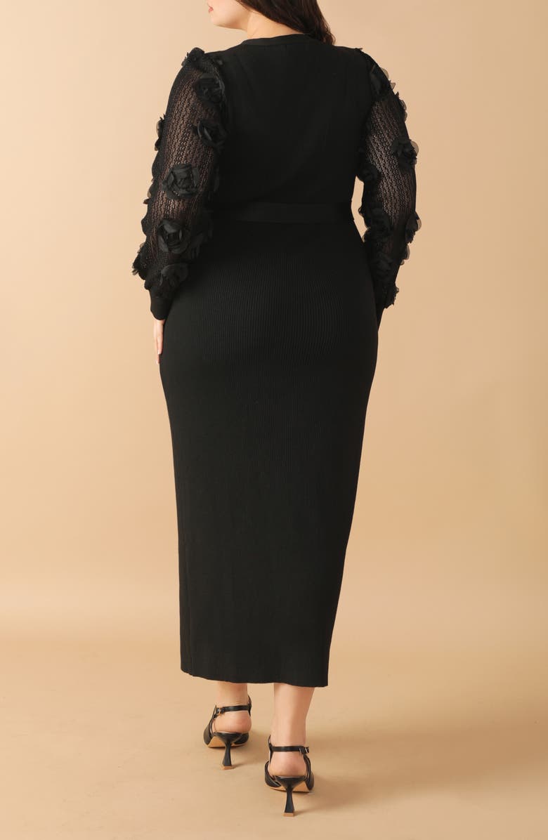 FLYING TOMATO Floral Appliqué Sleeve Sweater Faux Wrap Dress, Alternate, color, Black