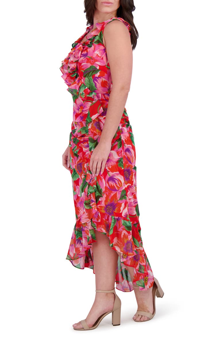 Kensie Print Ruffle High-Low Maxi Dress, Alternate, color, Red Multi