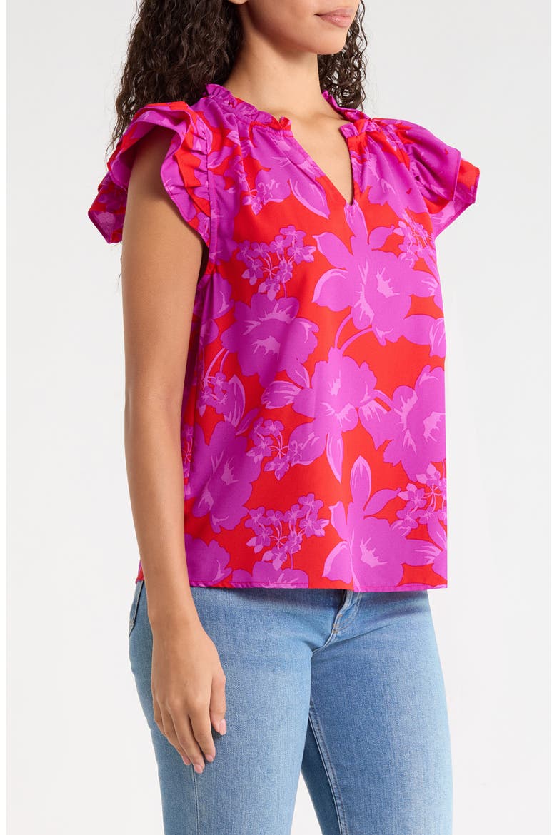 Bellissima Floral Print Ruffle Sleeve Top, Main, color, RED-MAGENTA