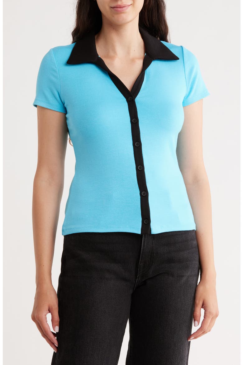 Short Sleeve Button-Up Shirt, Main, color, ARTIC BLUE/ BLACK