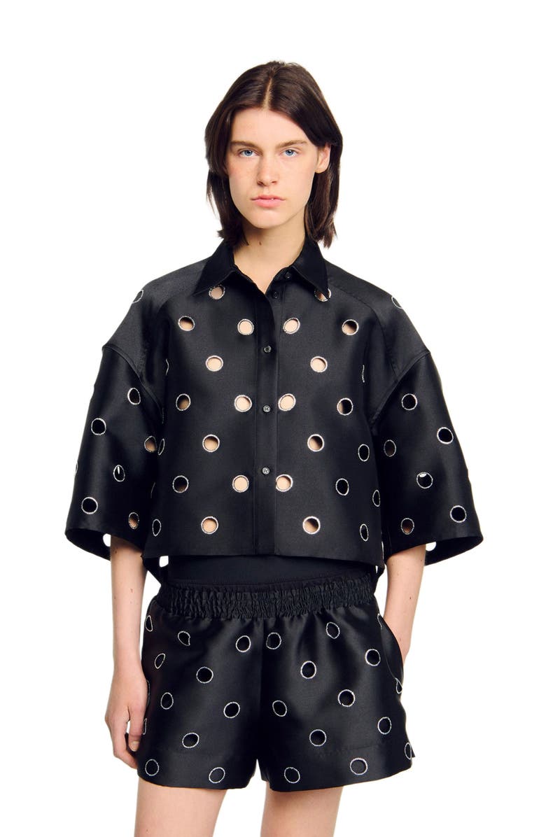 SANDRO Oversized shirt with rhinestones holes, Alternate, color, Black