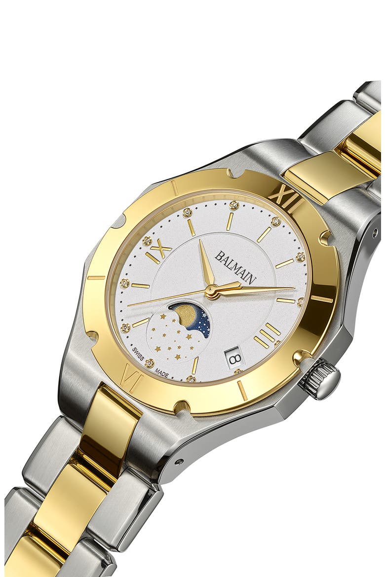 Be Balmain Diamond Moon Phase Bracelet Watch, 33mm, Alternate, color, STAINLESS STEEL/ YELLOW GOLD