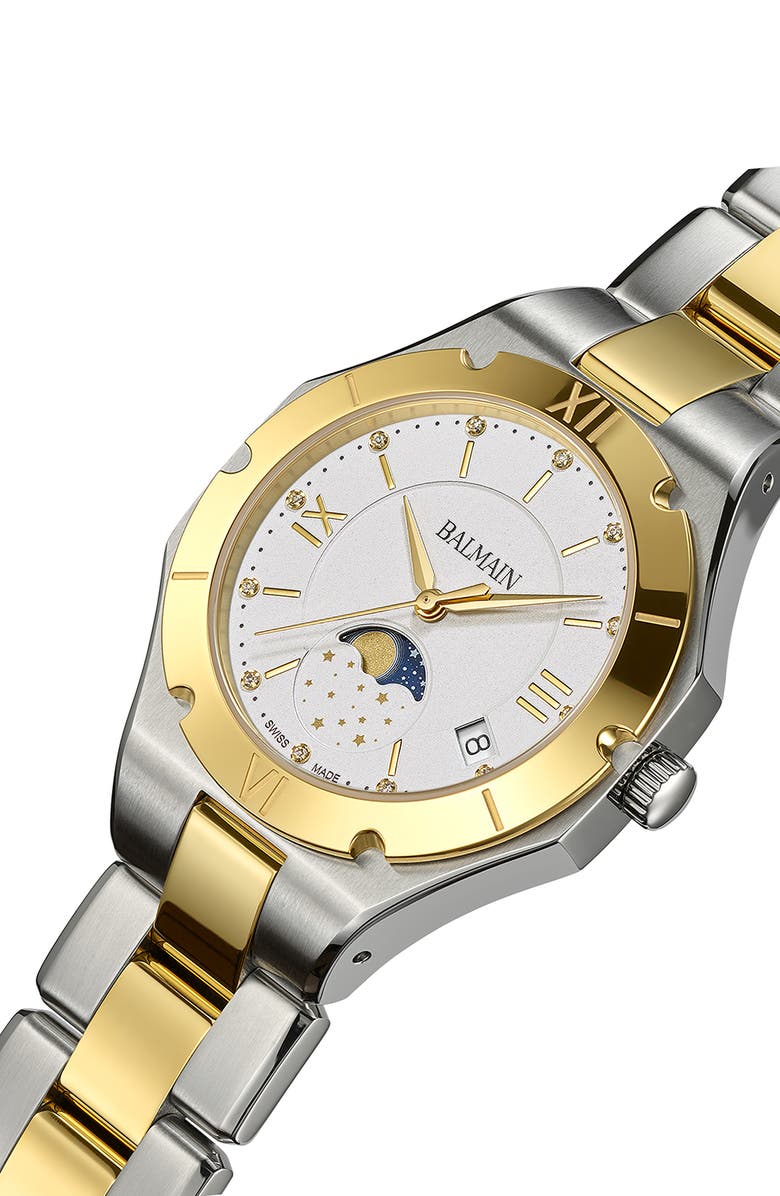 BALMAIN WATCHES Be Balmain Diamond Moon Phase Bracelet Watch, 33mm, Alternate, color, Stainless Steel/ Yellow Gold