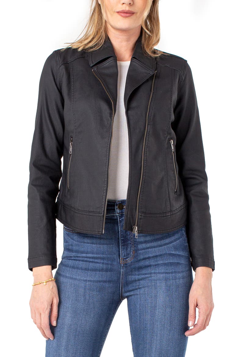 Liverpool Clean Coated Denim Moto Jacket, Main, color, BLACK