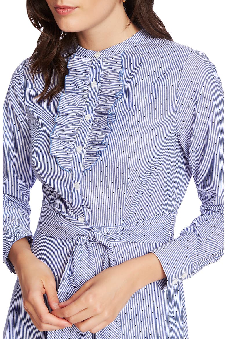 Ruffle Placket Flocked Dot Pinstripe Long Sleeve Cotton Shirtdress, Alternate, color, CHAMBRAY BLUE
