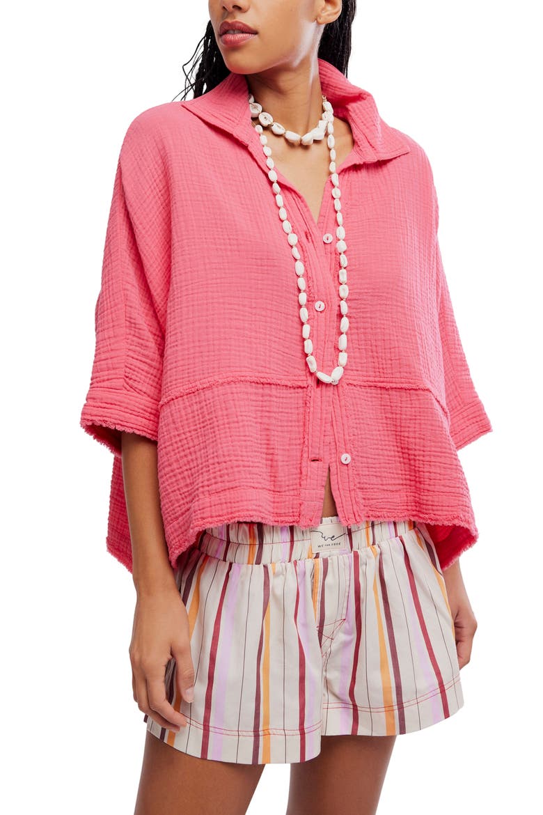 Happy Days Oversized Cotton Gauze Button-Up Top, Main, color, TART BERRY