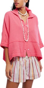 Free People Happy Days Oversized Cotton Gauze Button-Up Top