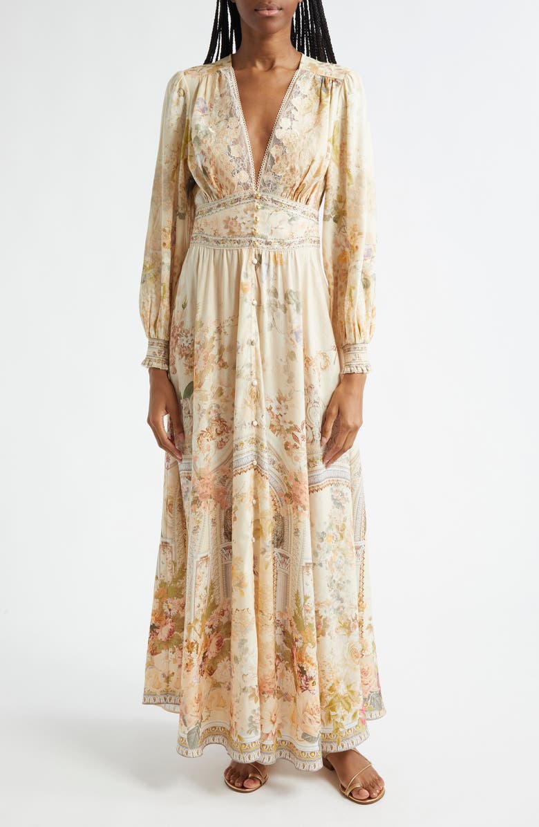 Camilla Adorned in Antiquity Lace Trim Long Sleeve Linen & Silk Maxi Dress, Main, color, 