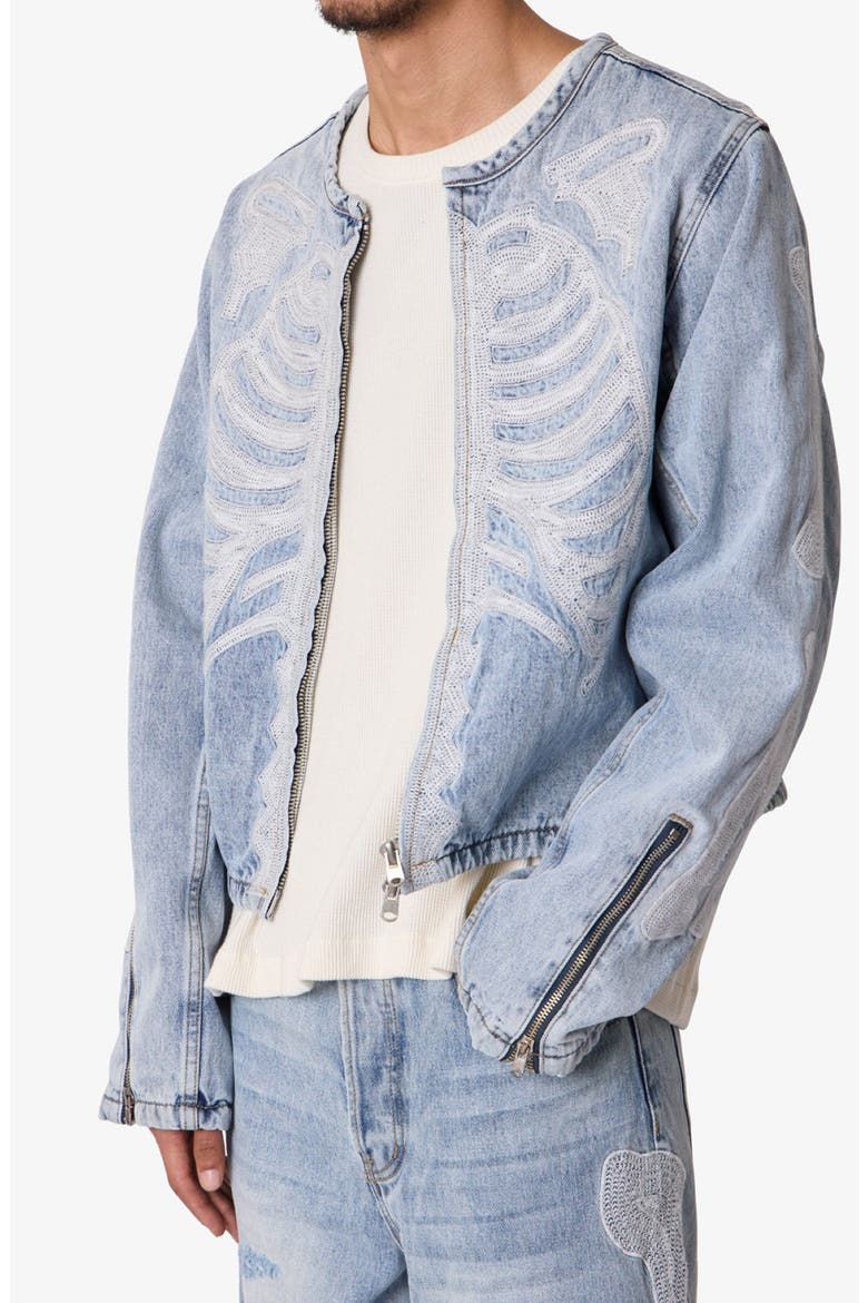 Skeleton Denim Moto Jacket, Alternate, color, WASHED BLUE