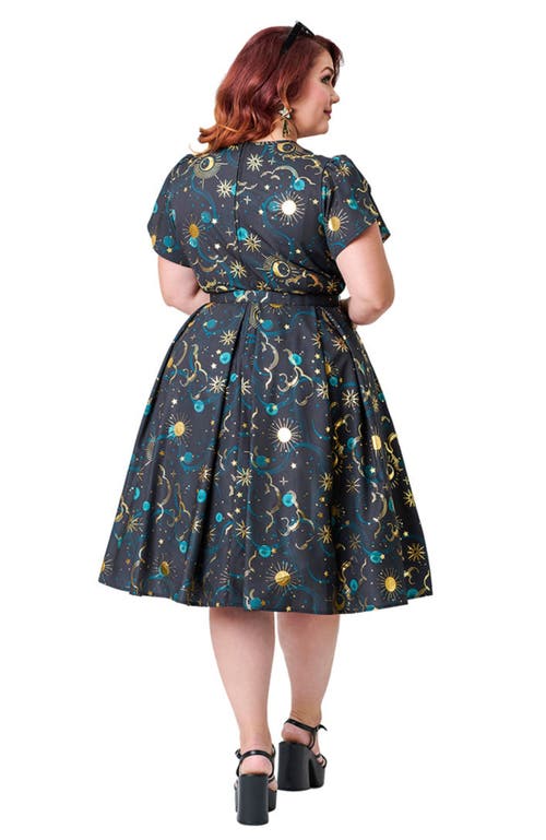 Unique Vintage Plus Size Short Petal Sleeve Tie Neck Dahlia Swing Dress In Multi