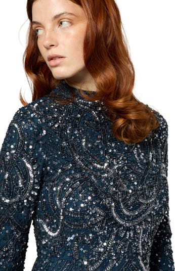 Occasion Modest Embellished Sequin Beaded High Neck Evening Maxi Dress