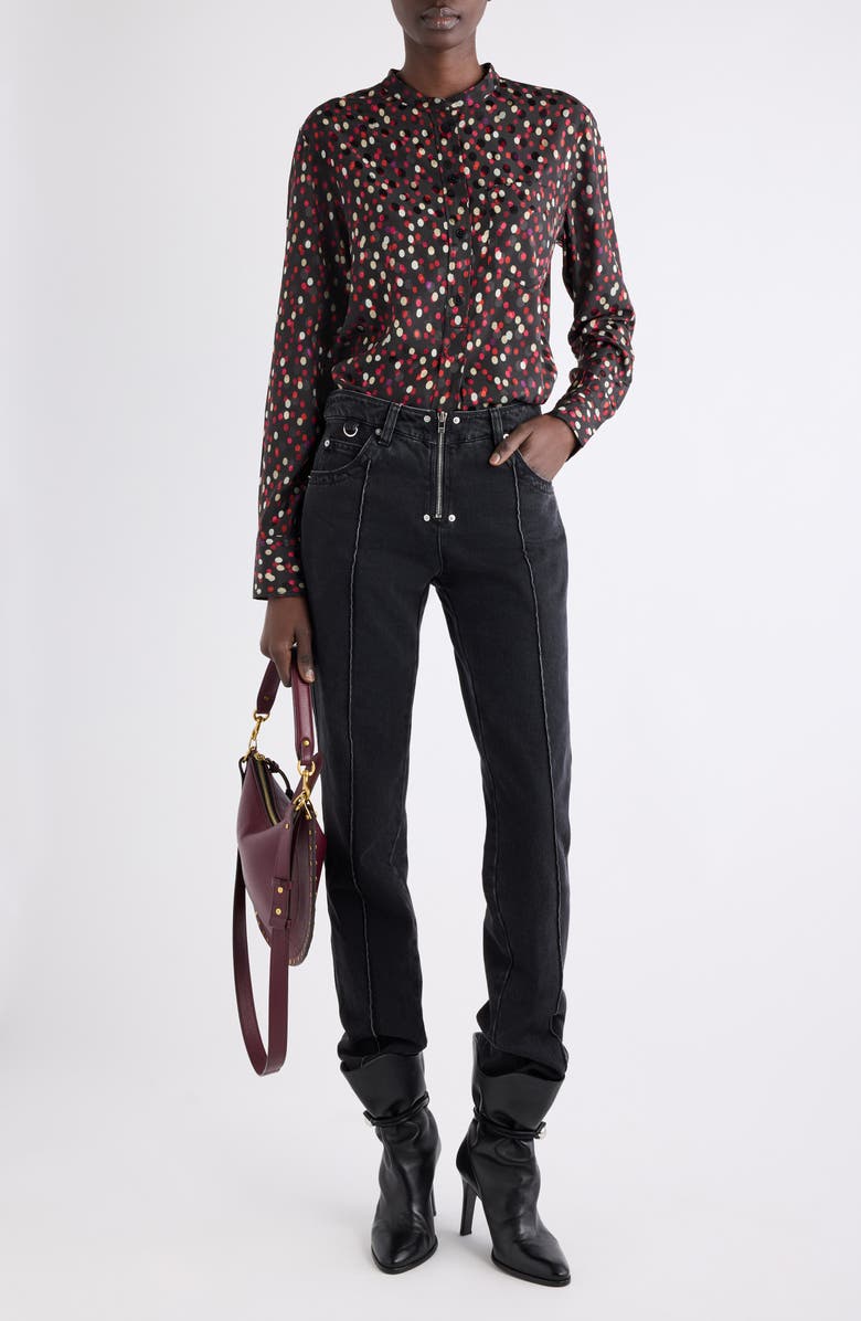 Isabel Marant Rusak Polka Dot Stretch Silk Popover Shirt, Alternate, color, Black/ Red