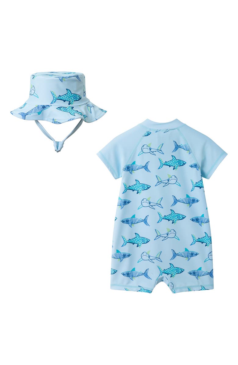 Andy & Evan Long Sleeve One-Piece Swimsuit & Sun Hat, Alternate, color, Aqua Shark