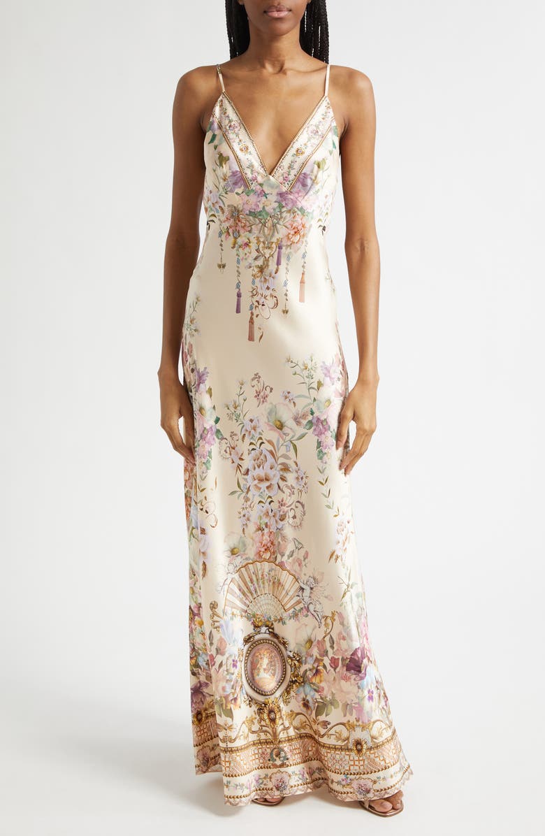 Camilla Adorned in Aranjuez Bias Cut Silk Slipdress, Main, color, Adorned In Aranjuez