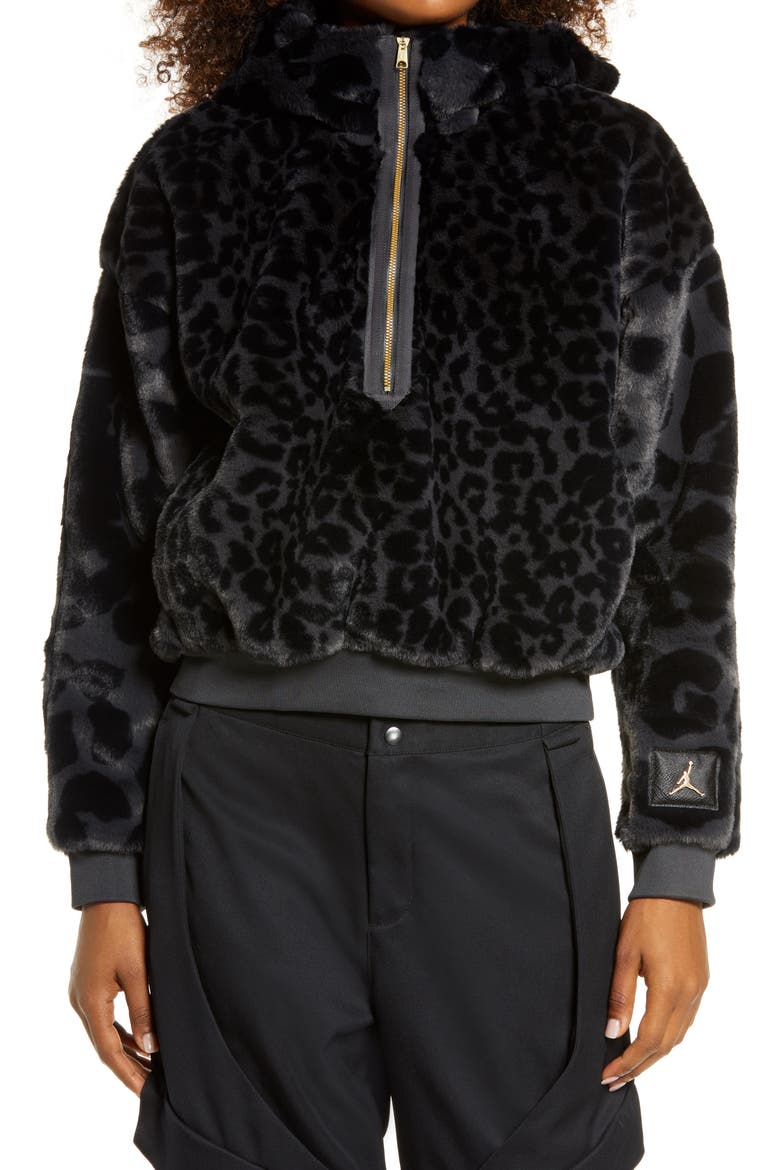 Women's Court-to-Runway Animal Print Faux Fur Pullover Hoodie, Alternate, color, DARK SMOKE GREY/ GOLD