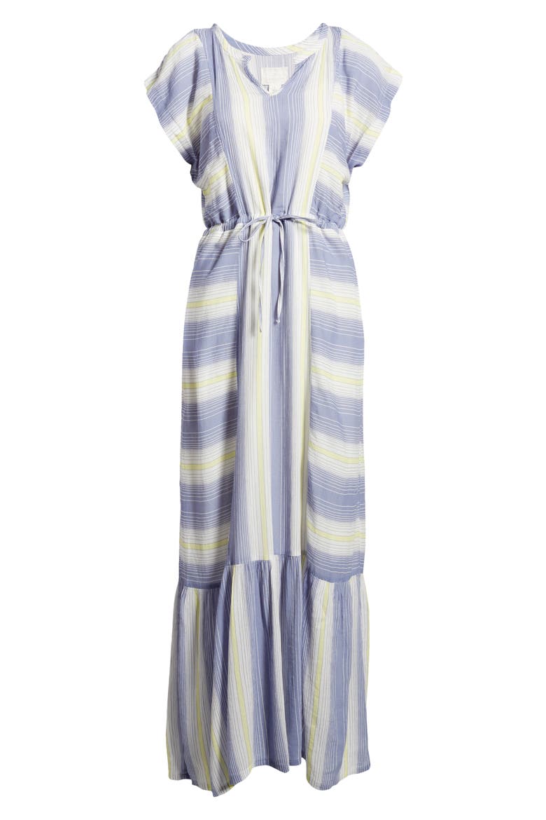 Print Flutter Sleeve Maxi Dress, Alternate, color, IVORY- BLUE YELLOW STRIPE
