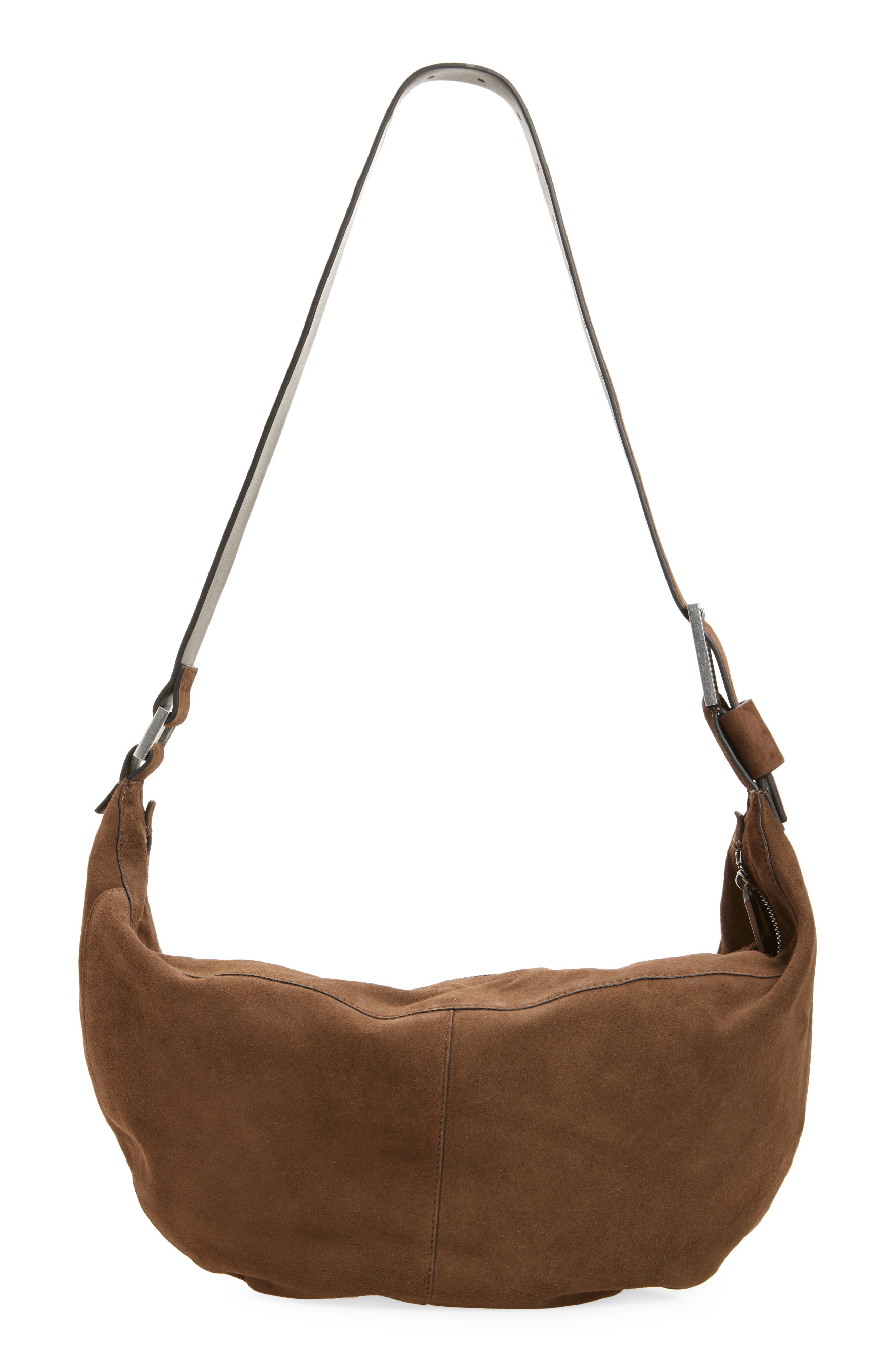 AllSaints Luna Suede Shoulder Bag, Alternate, color, Fango Brown