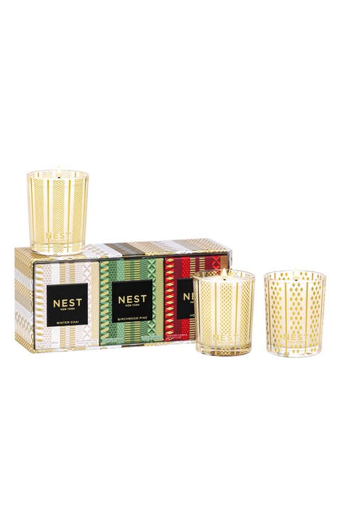 Holiday Birchwood Pine & Winter Chai Votive Candle Trio