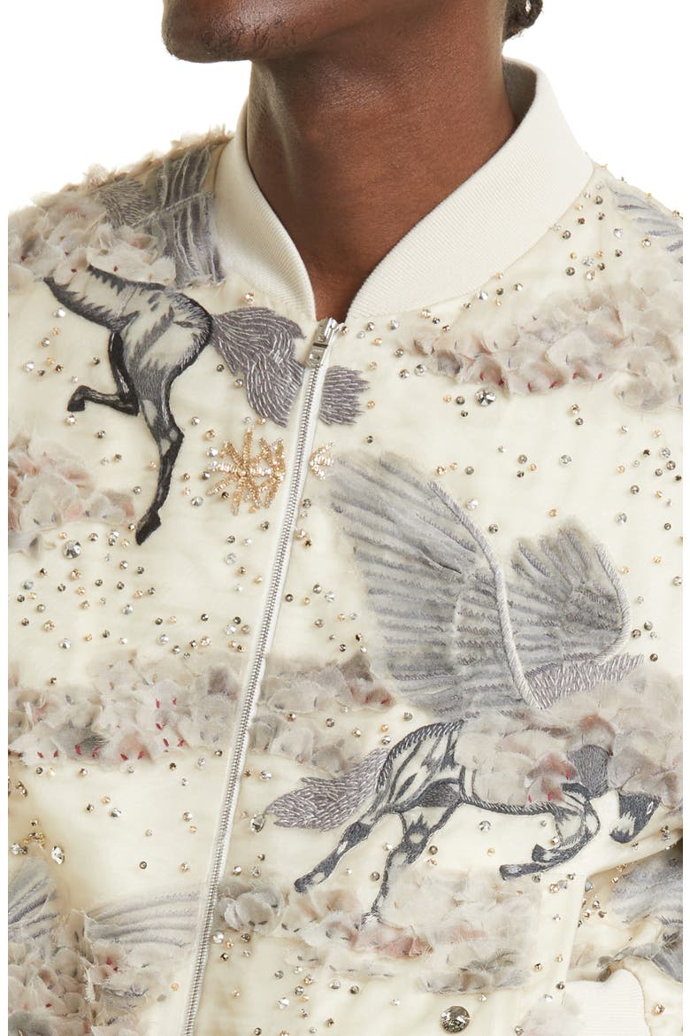 Embellished Pegasus Logo Silk Organza Shrunken Bomber Jacket, Alternate, color, LIGHT TAN