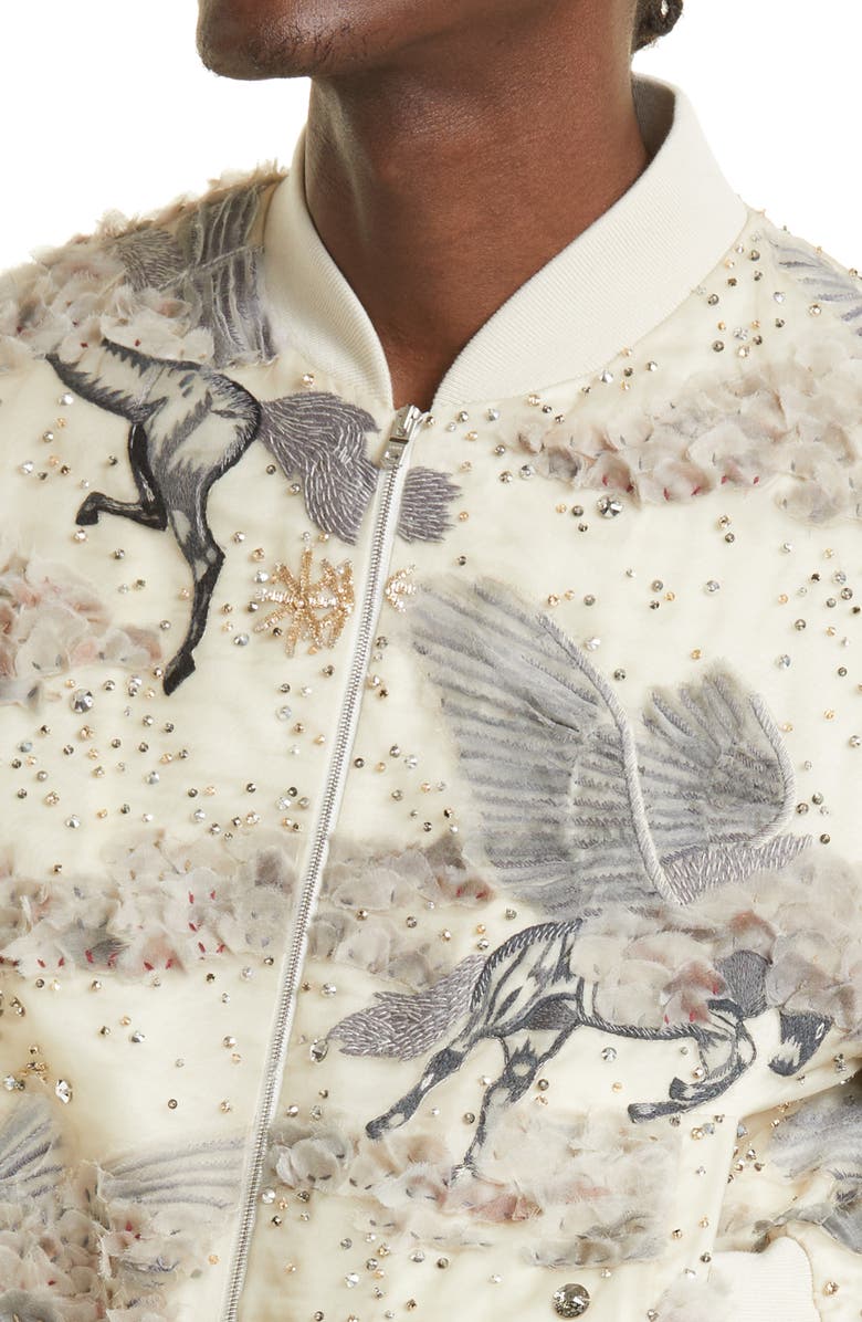AMIRI Embellished Pegasus Logo Silk Organza Shrunken Bomber Jacket, Alternate, color,