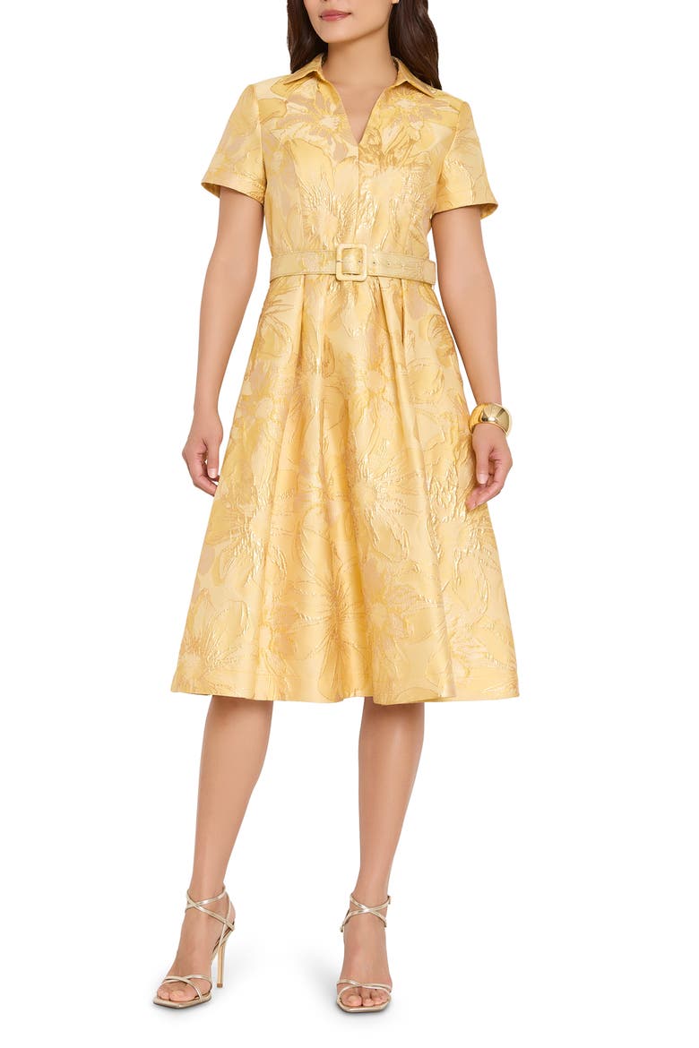 Jacquard Belted Flared Dress, Main, color, SUNFLOWERs