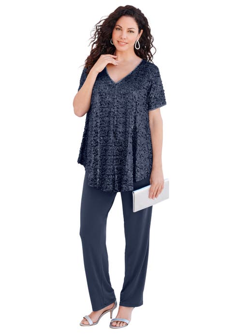 Extended Plus Size 2 Piece S/S Sequin Top And Pant Set