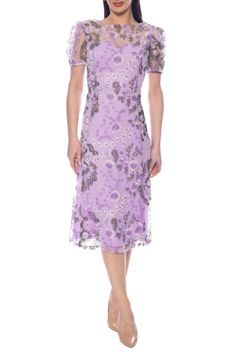 Floral Embroidered Short Sleeve Midi Dress, Main, color, LAVENDER MULTI