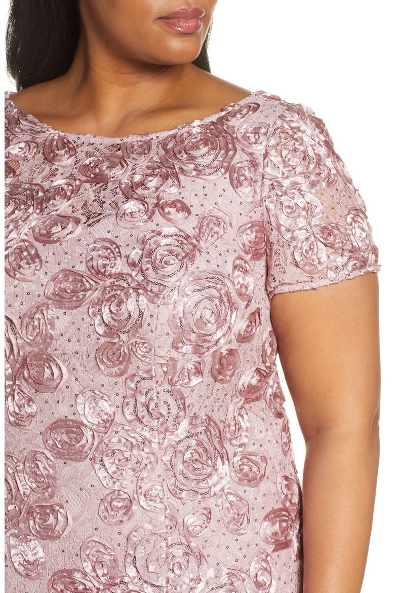 Rosette Lace Short Sleeve A-Line Gown, Alternate, color, ROSE