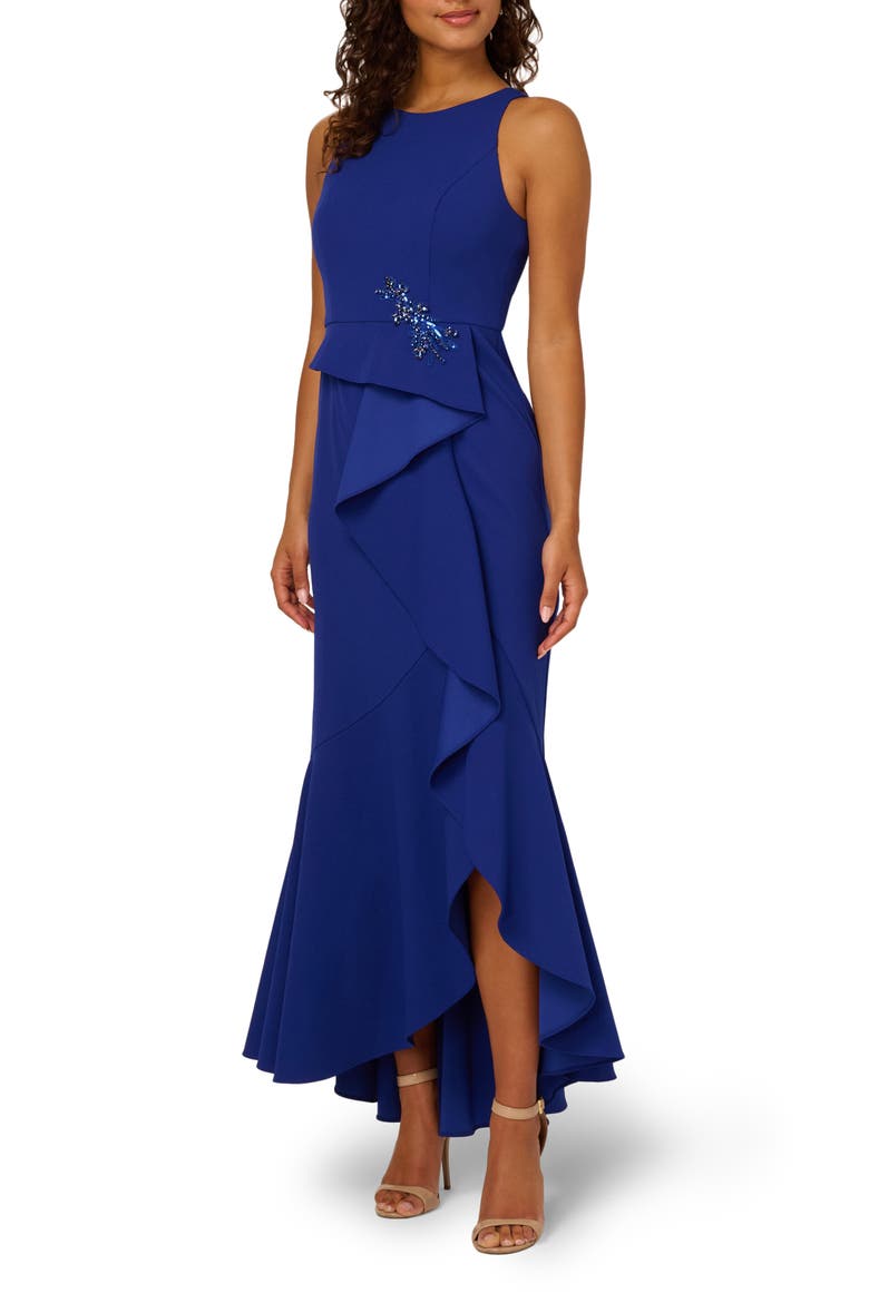 Beaded Appliqué Ruffle Crepe Gown, Main, color, ROYAL SAPPHIRE