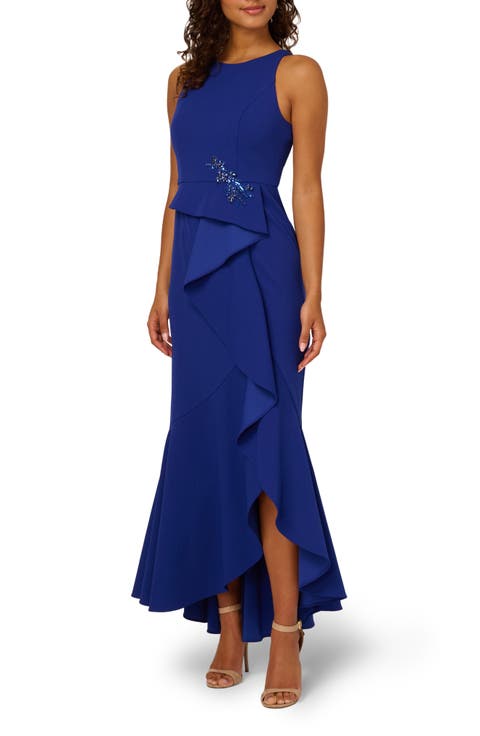 Beaded Appliqué Ruffle Crepe Gown