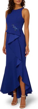 Adrianna Papell Beaded Appliqué Ruffle Crepe Gown