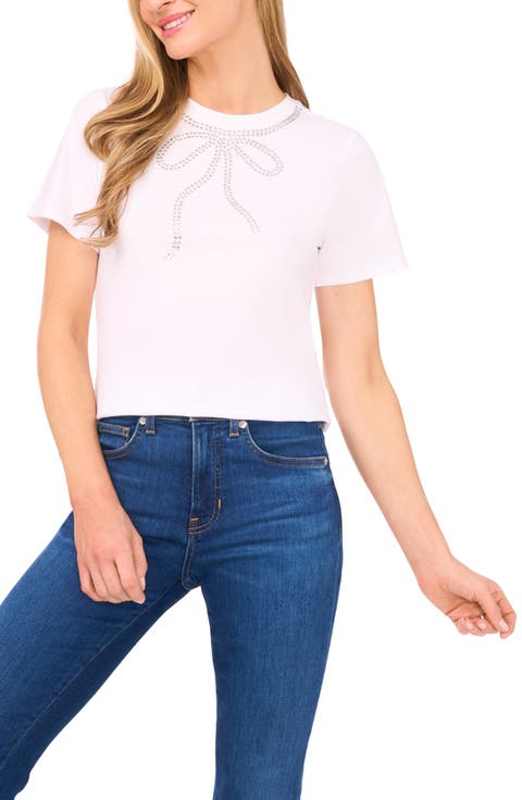Rhinestone Bow Embellished Cotton T-Shirt