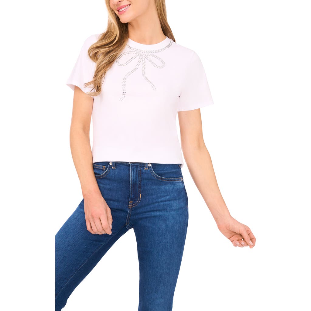 Cece Rhinestone Bow Embellished Cotton T-shirt In White