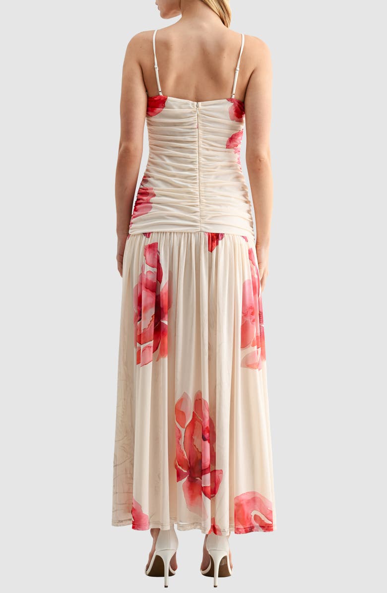 All in Favor Floral Ruched Drop Waist Chiffon Midi Dress, Alternate, color, Cream Red Floral