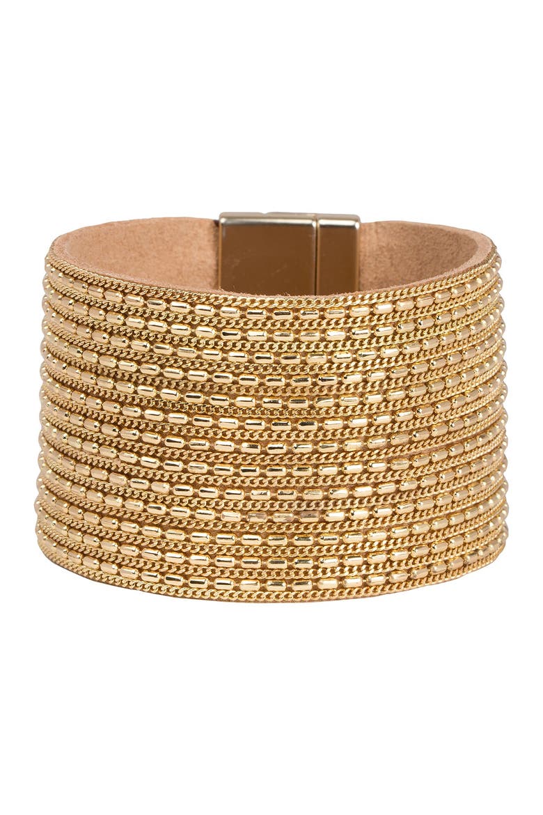 Rock n' Roll Chain & Leather Cuff Bracelet, Main, color, GOLD
