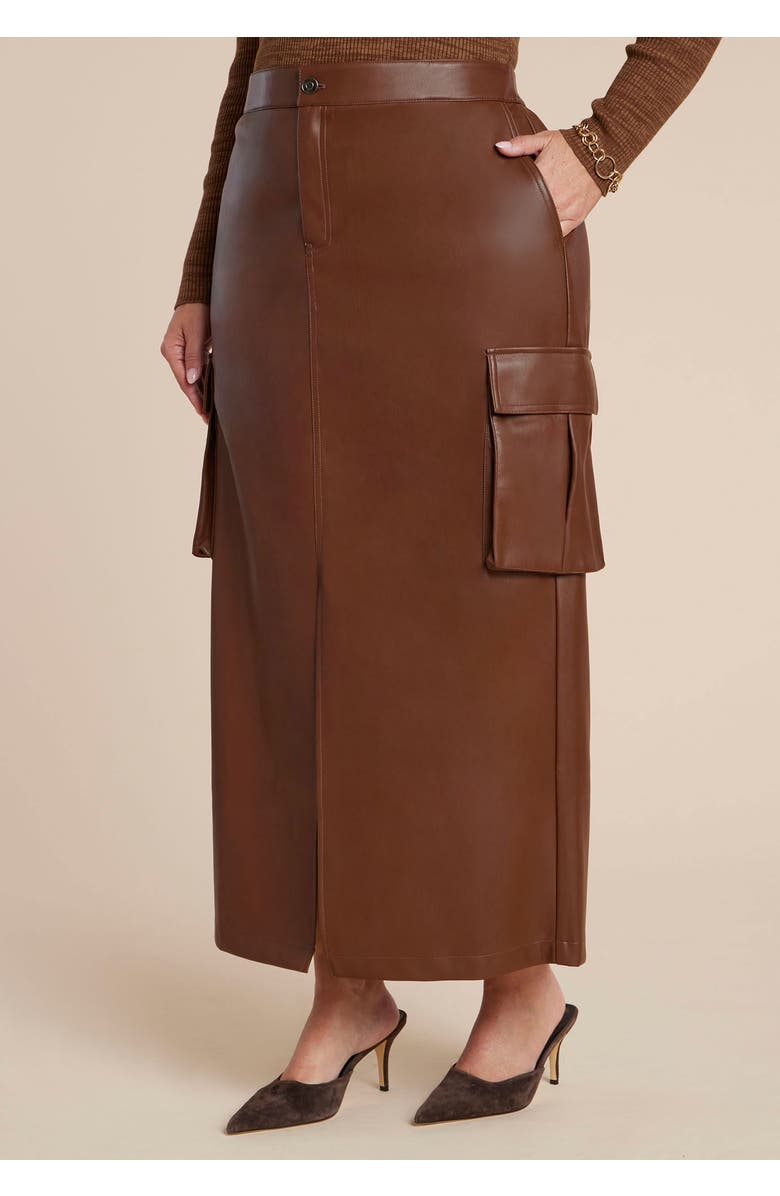 ELOQUII Maxi Cargo Faux Leather Skirt, Alternate, color, Potting Soil