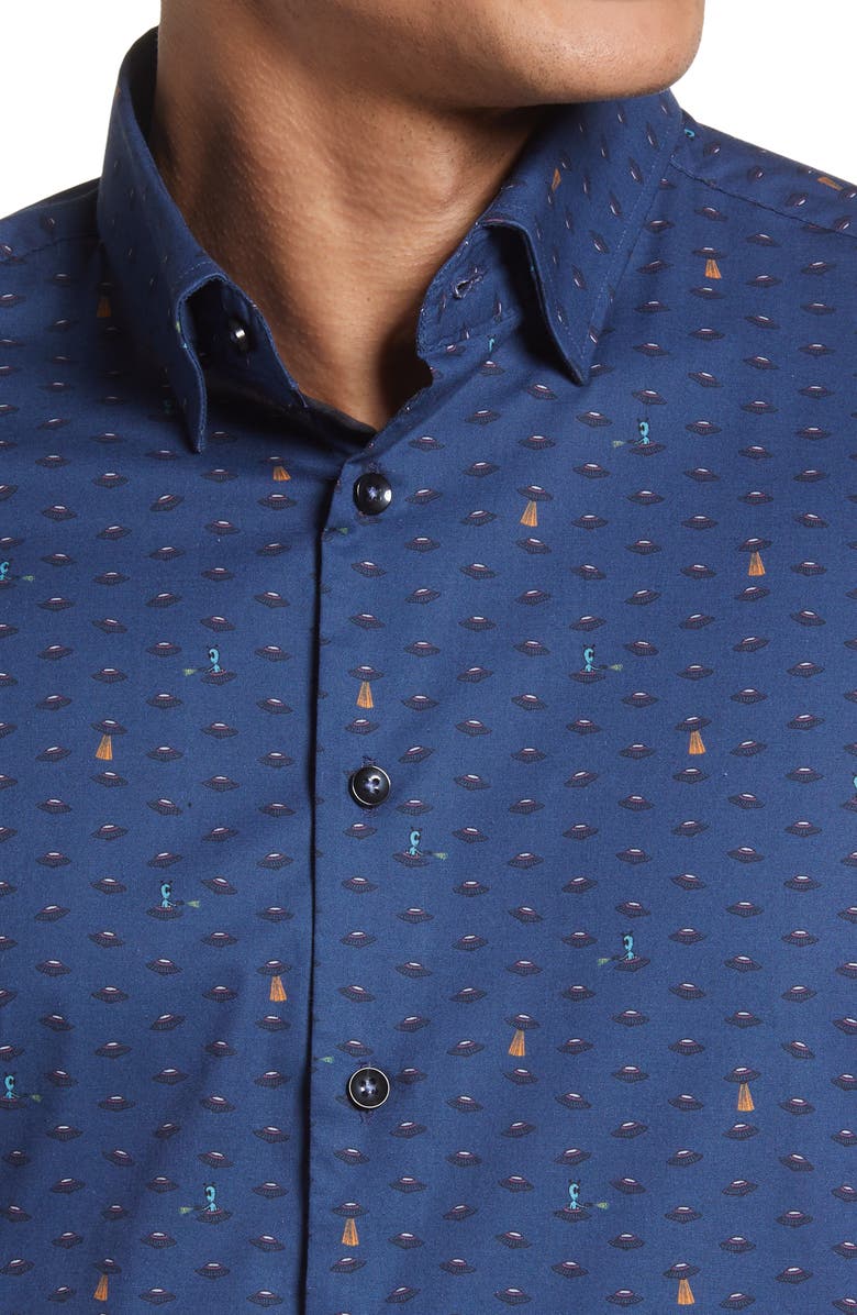 Stone Rose UFO Print Trim Fit Stretch Cotton Button-Up Shirt, Alternate, color, Navy