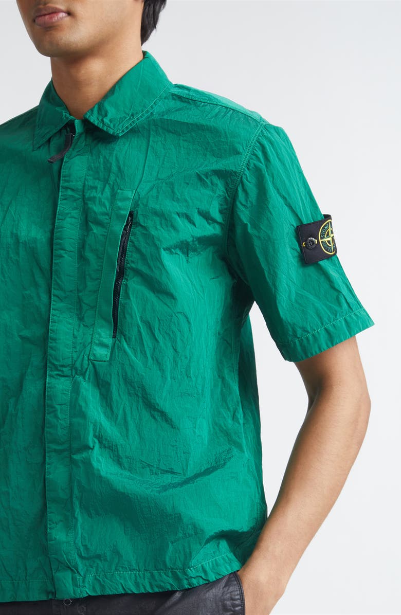 Stone Island Compass Logo Patch Short Sleeve Nylon Zip-Up Camp Shirt, Alternate, color, Malachite