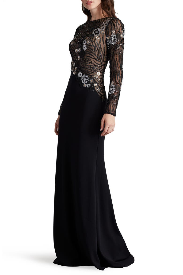 Sequin Lace Bodice Long Sleeve Gown, Alternate, color, BLACK/NUDE