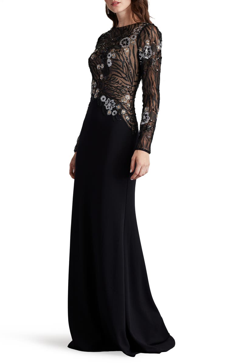 Tadashi Shoji Sequin Lace Bodice Long Sleeve Gown, Alternate, color, Black/Nude