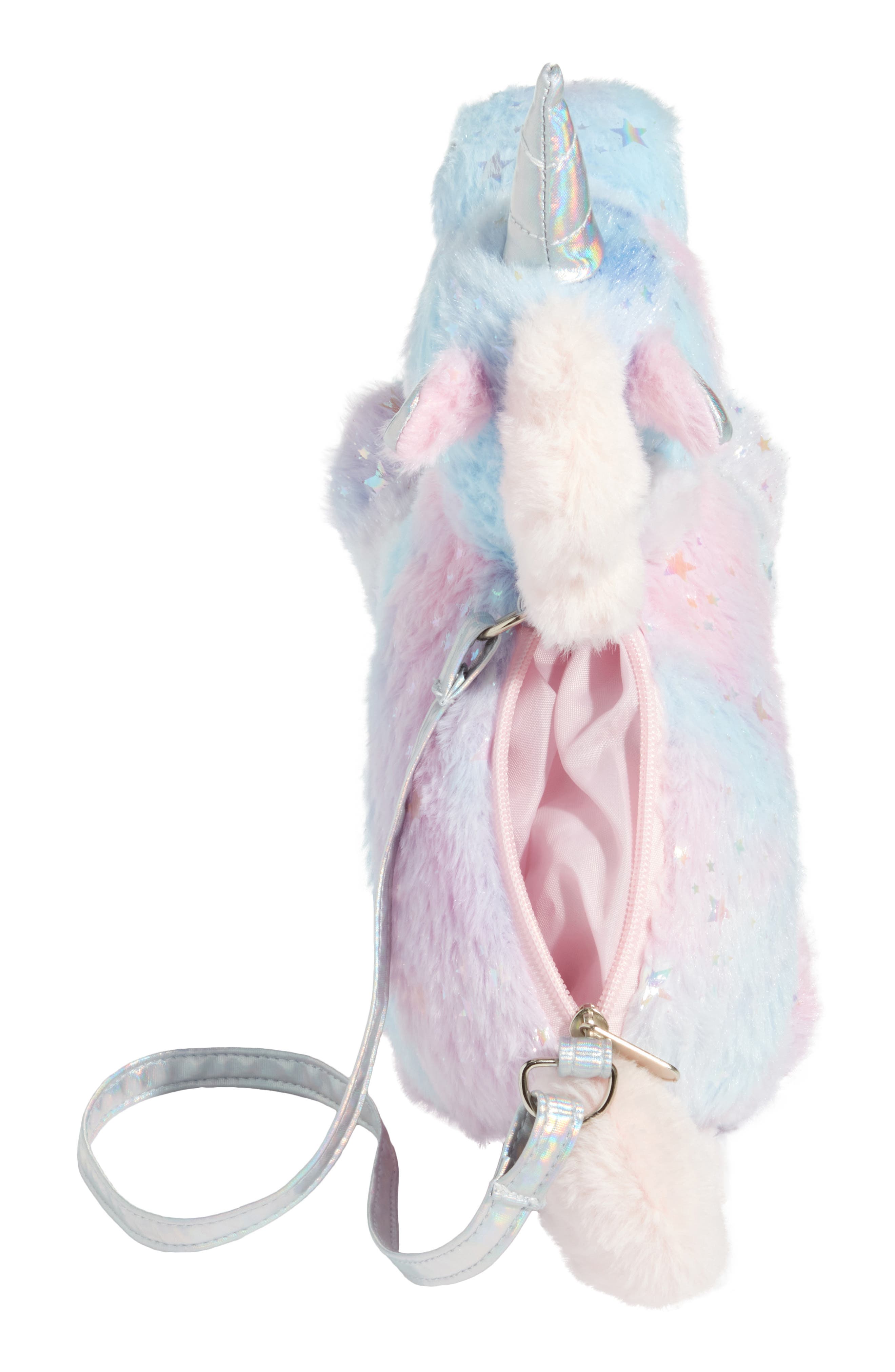 Kids' Mini Iridescent Star Faux Fur Unicorn Crossbody Bag, Alternate, color, WARM COMBO